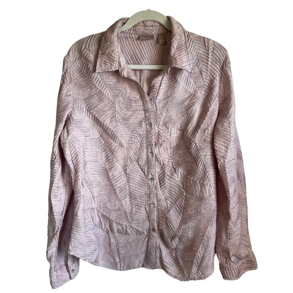 Chico’s Pink Blouse Top Textured Pleated Shimmer Button Up Collar Sz L Unique - Picture 1 of 12
